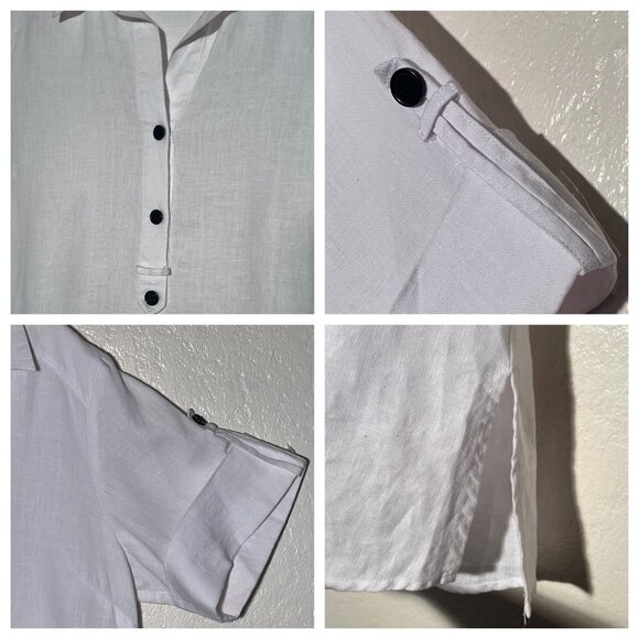 Coupe Collection 100% Linen White1/4 Buttoned Collared Blouse - Picture 10 of 16